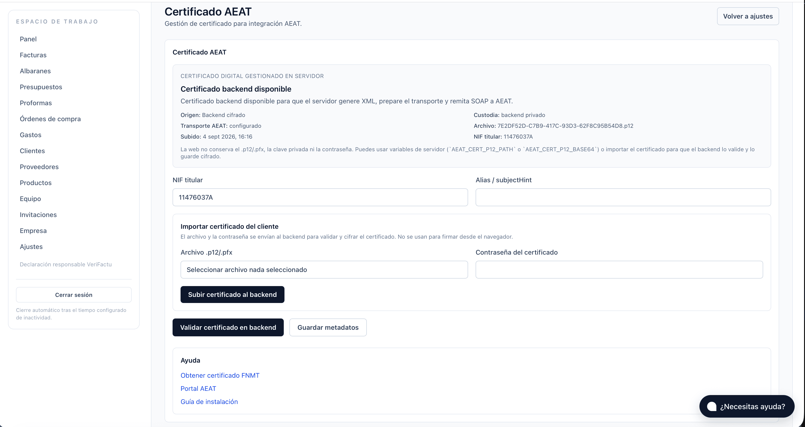 Gestión del certificado AEAT en Puli: certificado custodiado y cifrado en el servidor, transporte a la AEAT configurado, y la web sin conservar la clave privada