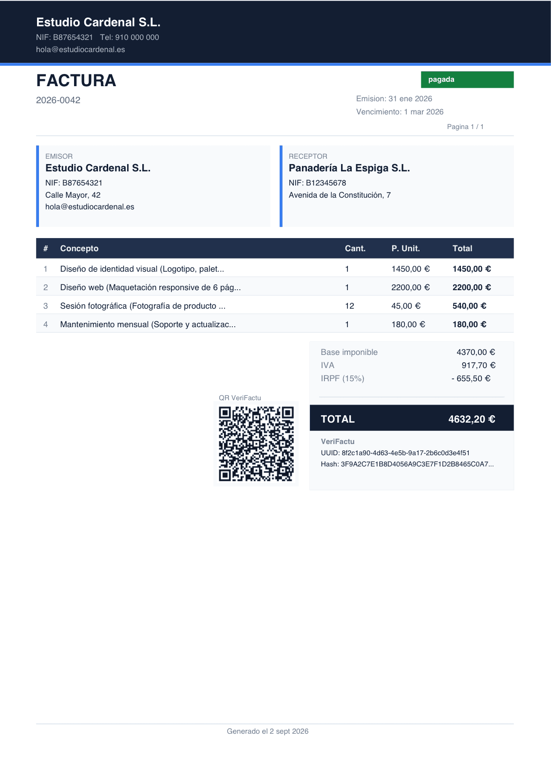 Factura de ejemplo generada con Puli, con desglose de IVA e IRPF y código QR de VeriFactu